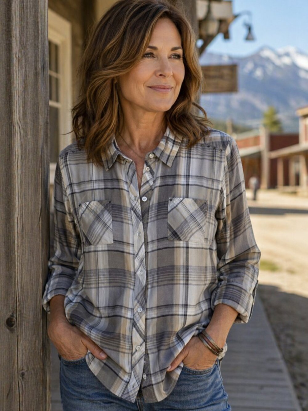 Christopher & Banks Brown Grey Plaid Button Up Blouse Studs Casual Western XL